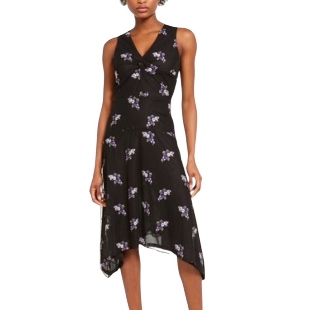 Michael Kors Black Floral Embroidered Mesh Handkerchief Hem Dress size Large‎